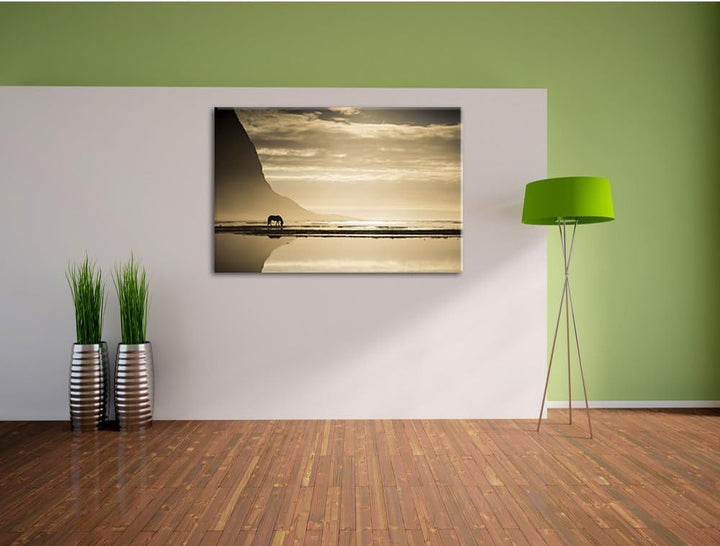 Pixxprint Pferd am Ufer Einer Insel / 100x70cm Leinwandbild bespannt auf Holzrahmen/Wandbild Kunstdr