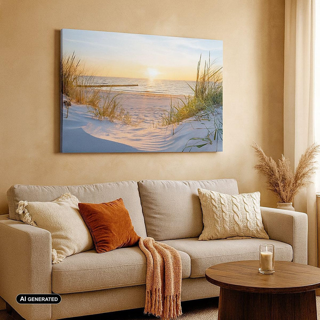 Bilder auf Leinwand 100x70cm Leinwandbild mit Rahmen Düne Strand Meer Gross Wanddeko Bild Schlafzimm