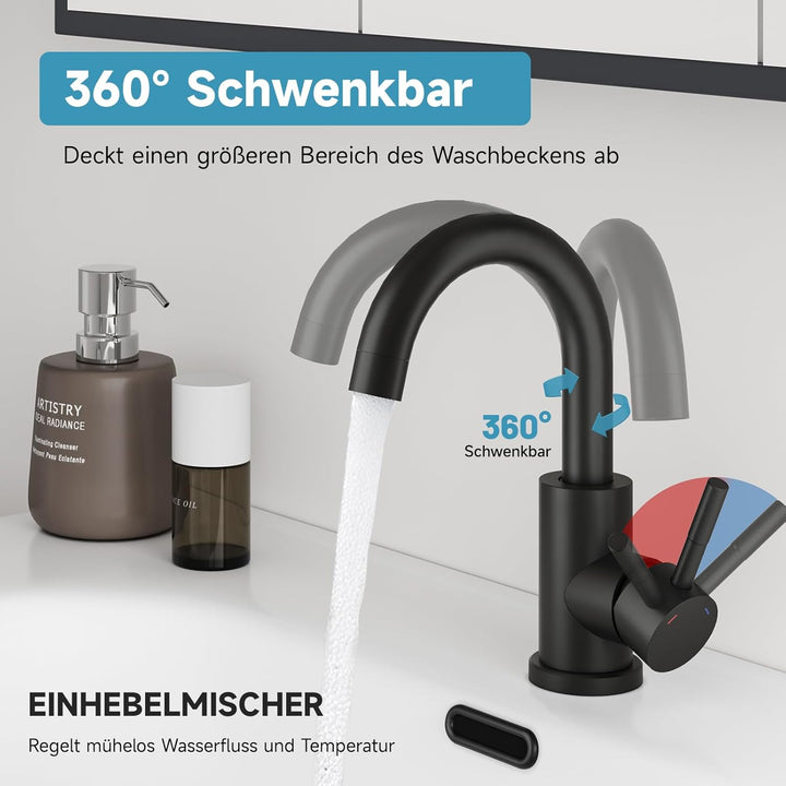 Wasserhahn Bad Schwarz, Wasserhahn Küche Edelstahl, 360° Drehbar Waschtischarmatur Hoch, Einhebelmis