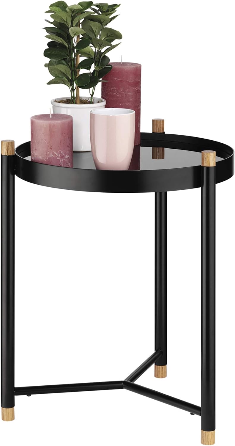 Kela Beistelltisch, Oak, Pulverbeschichtetes Metall mit Eichenholz und Glas, Ø 40 cm, 24266, Schwarz