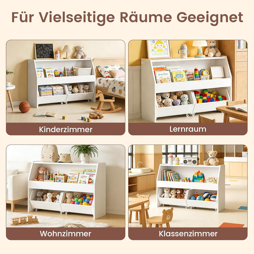 Kinderregal mit Boxen auf Rollen, Spielzeug Aufbewahrung, Kinderschrank Holz, Spielzeugregal Möbel f