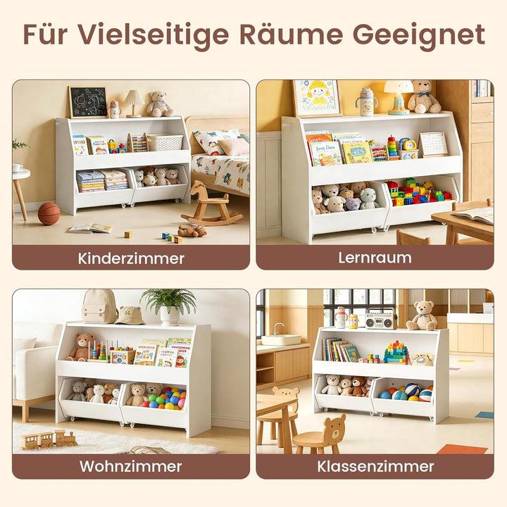 Kinderregal mit Boxen auf Rollen, Spielzeug Aufbewahrung, Kinderschrank Holz, Spielzeugregal Möbel f