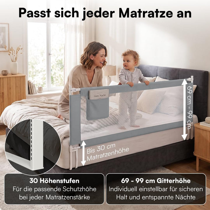 Bellabino Drina Rausfallschutz – Bettschutzgitter Boxspringbett – Bettgitter 180 cm Hellgrau – Baby