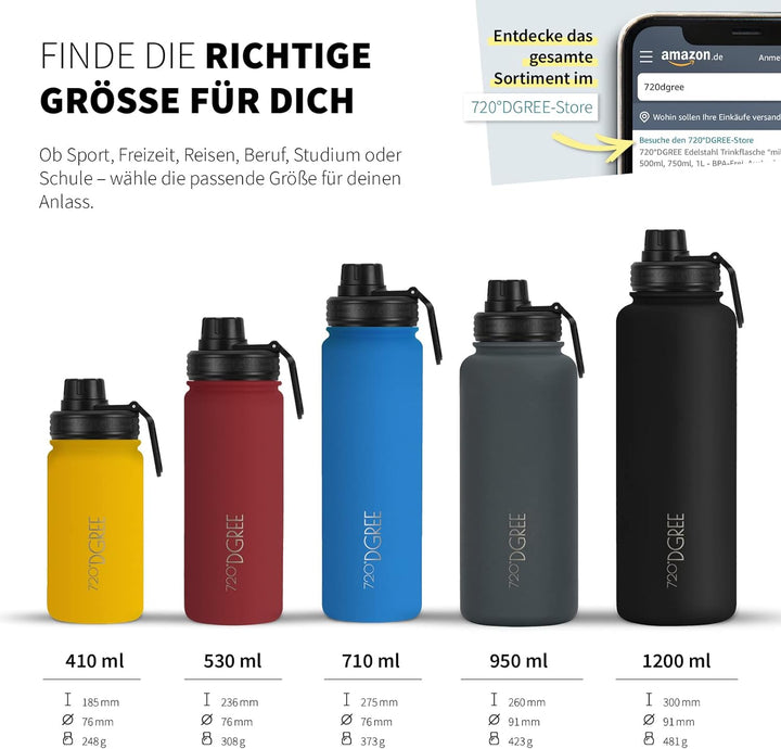 720°DGREE Edelstahl Trinkflasche “noLimit” – 1200ml - Auslaufsicher, Kohlensäure geeignet, BPA-Frei