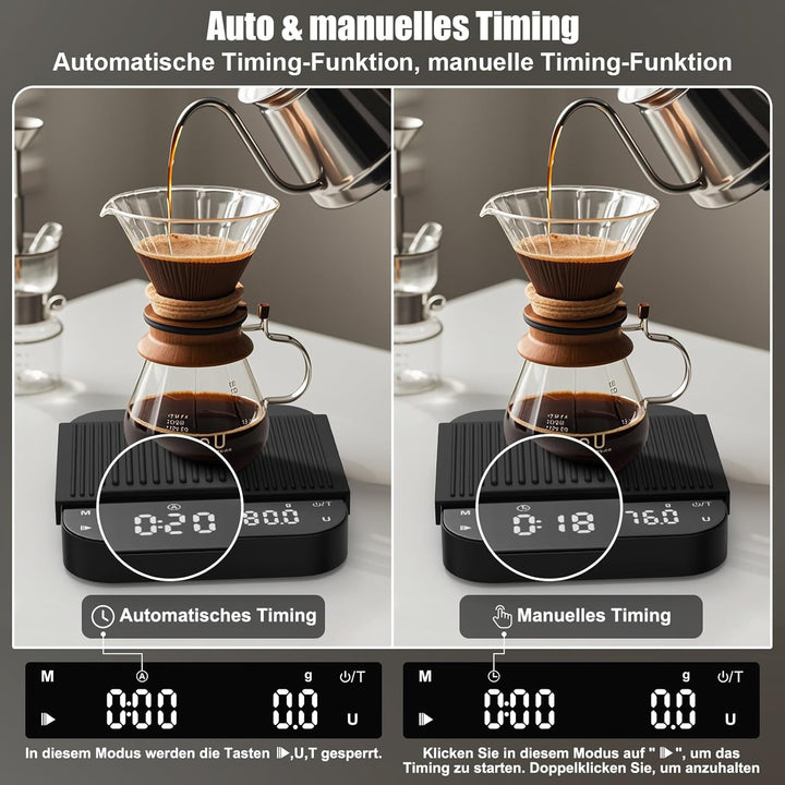 Diyife Kaffeewaage mit Timer, 3kg/0,1g Wiederaufladbare Espresso Waage mit HD LCD Display, Tara Funk