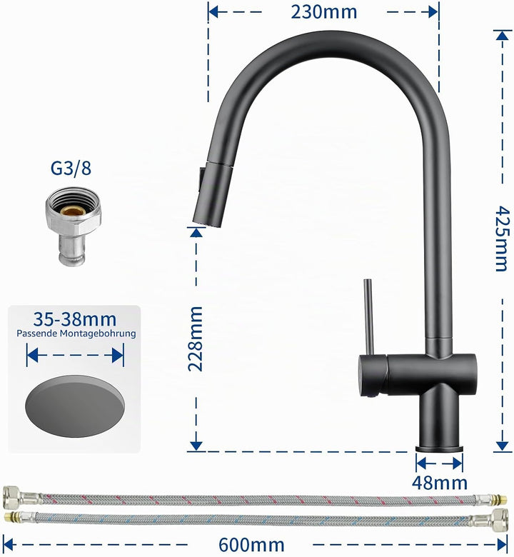CECIPA Spüle Küche 65 x 45 cm mit Küchenarmatur Ausziehbar, Granitspüle, Küchenspüle ab 40 cm breite