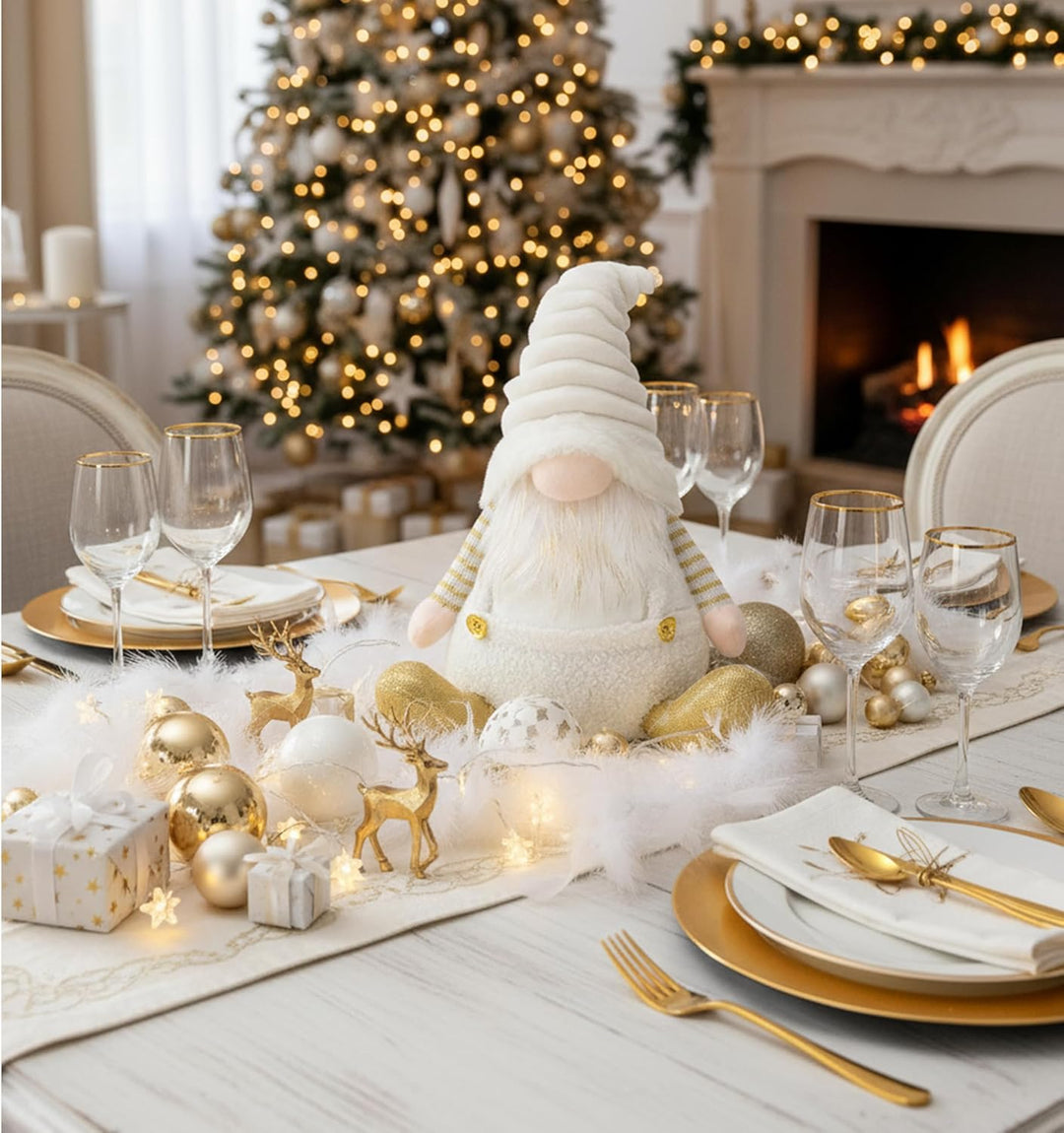 Valery Madelyn Weihnachtswichtel für Weihnachtsdeko,23cm Weihnachtsgnom Weiss Gold,Biegsamer Hut,Dek