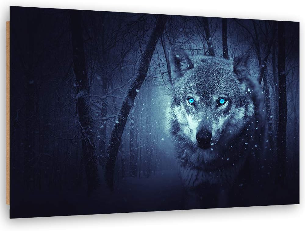 Feeby Dekobild Wald Deko Wand Kunstdruck Wolf Blau 70x50 cm Deko Paneel 70x50 cm Blau_b, Deko Paneel