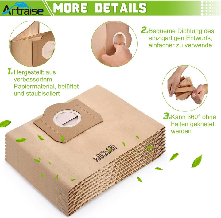Artraise Wd3 Beutel für Kärcher Staubsauger 6.959-130.0, 8 Stück Premium Staubsaugerbeutel Papierfil