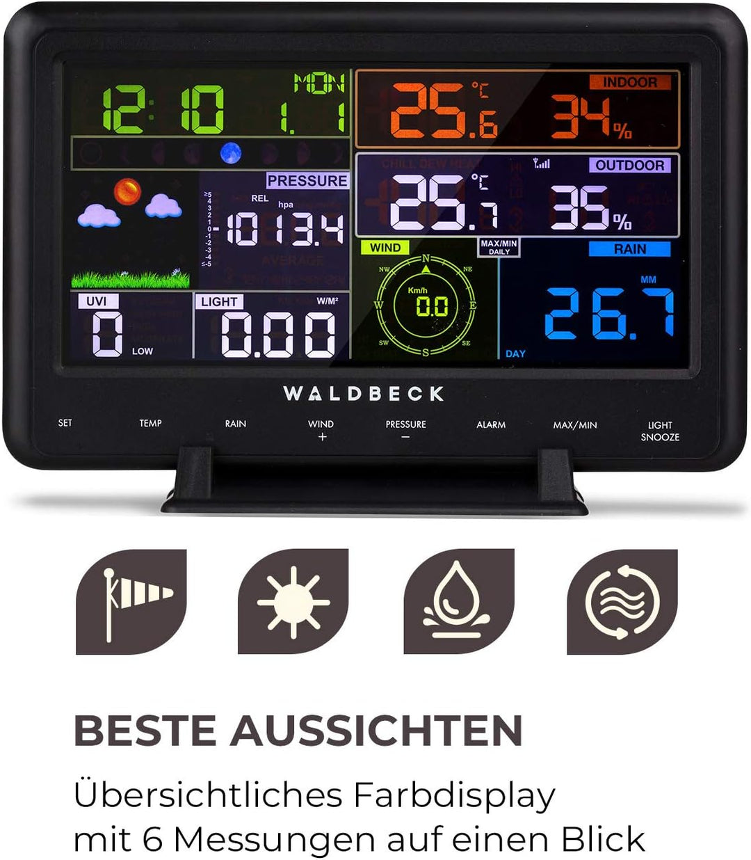 Waldbeck Huygens - 6-in-1 Profi-Wetterstation, 6 Messungen auf einen Blick, Wetterwarnungen, Live-We