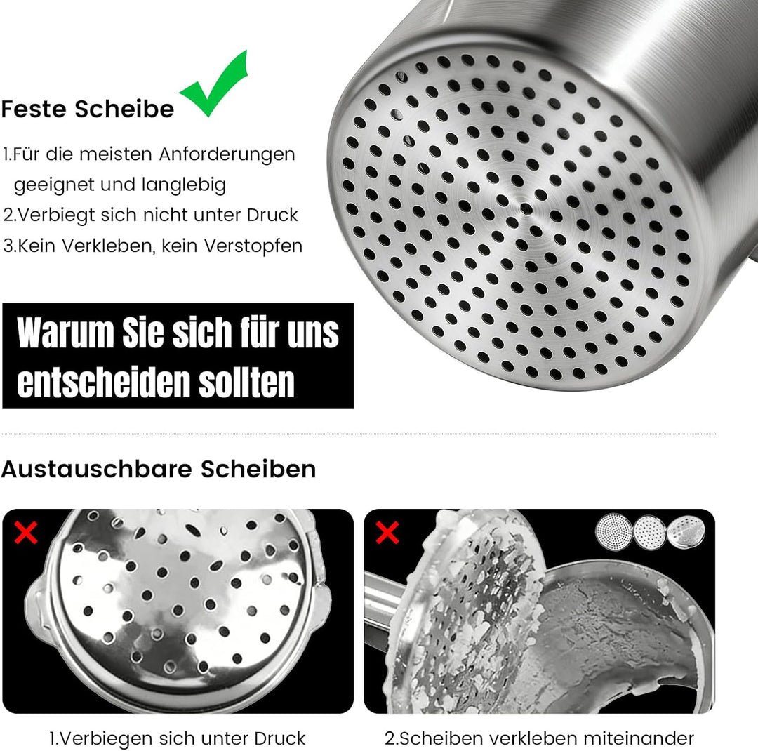 Kartoffelpresse Edelstahl mit fester Scheibe, Robuster Kartoffelstampfer mit Holz-Kunststoff-Griff,