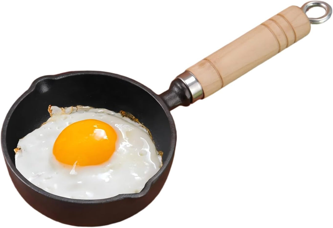 Gusseisen Schmelztopf, 11cm Mini Antihaft Topf Gusseisen, Pfanne Eier Bratpfanne mit Holzgriff, Öl H