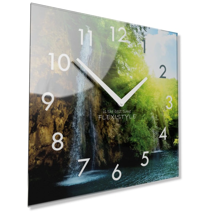 FLEXISTYLE Wanduhr küche Wohnzimmer 30 x 30 cm, aus Glas, mit Direktdruck eckig modern (Wasserfall),