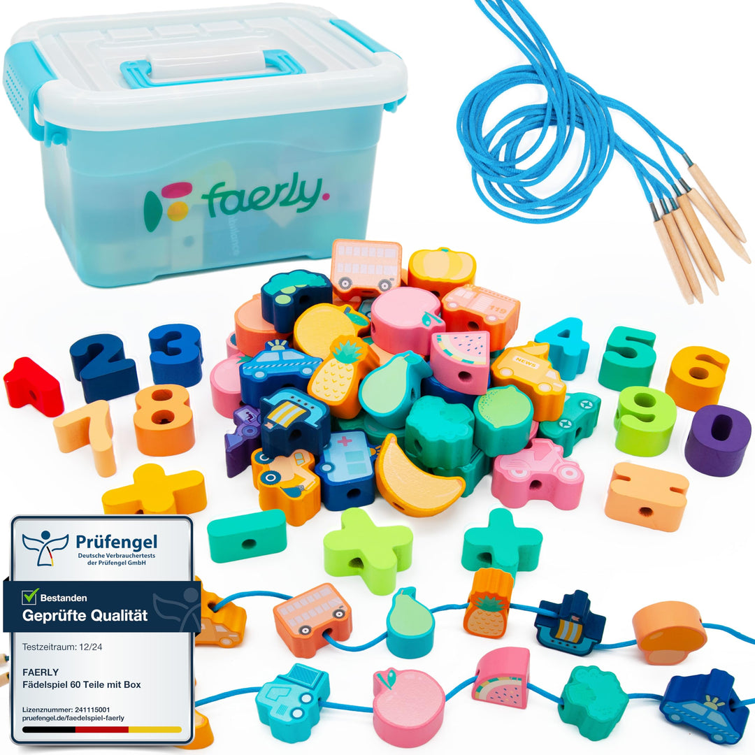 Faerly® Fädelspiel 60 Teile + Box - Montessori Spielzeug ab 2 3 4 5 6 Jahre für Kinder Pädagogisches