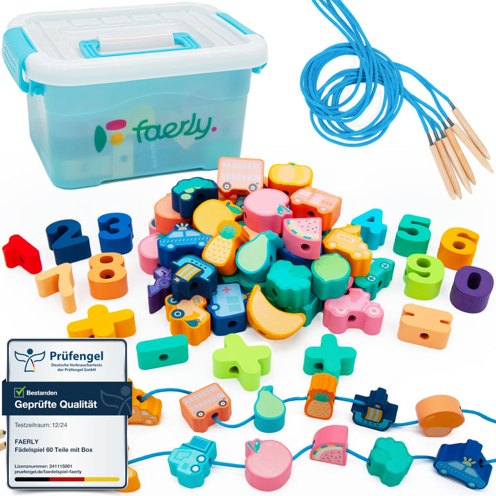 Faerly® Fädelspiel 60 Teile + Box - Montessori Spielzeug ab 2 3 4 5 6 Jahre für Kinder Pädagogisches