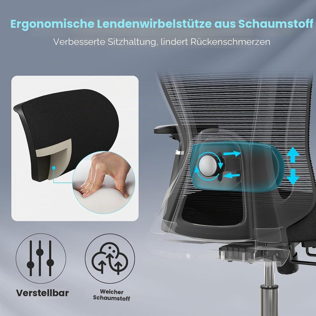 Farini Ergonomischer Bürostuhl, Heimbüro, Netzstuhl mit Lendenwirbelstütze, 3D-Armlehnen und Verstel