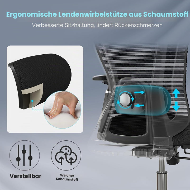 Farini Ergonomischer Bürostuhl, Heimbüro, Netzstuhl mit Lendenwirbelstütze, 3D-Armlehnen und Verstel