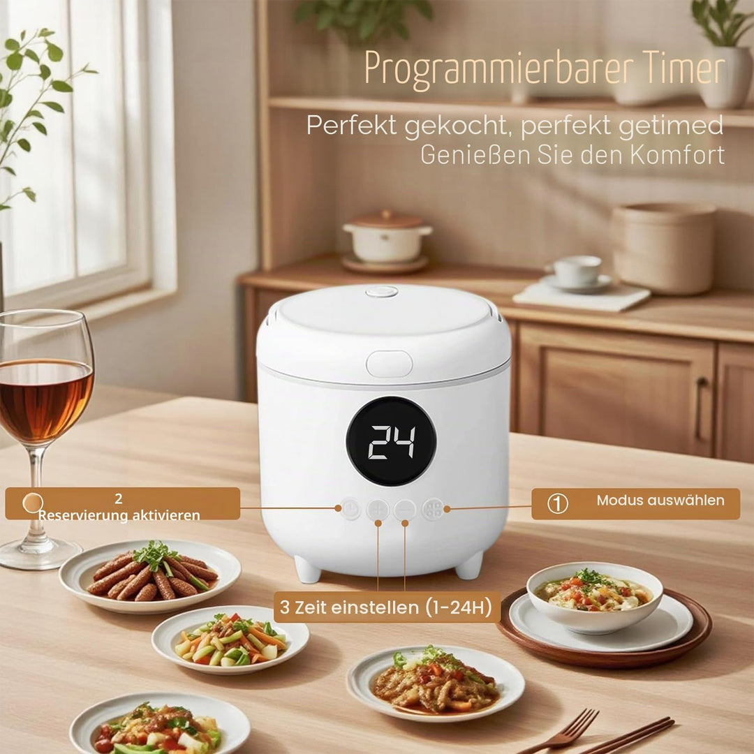 Reiskocher Klein, 3 Tassen (für 1-3 Personen), 6-in-1 Multikocher mit Slow Cook, 300W, Kompakt, Weis