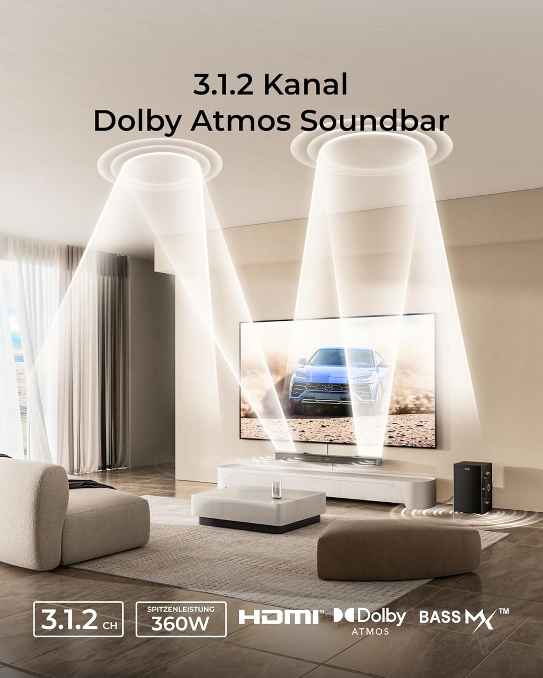 ULTIMEA 3.1.2 Soundbar für TV Geräte mit Dolby Atmos, 6,5" Subwoofer, App-Steuerung, VoiceMX & BassM