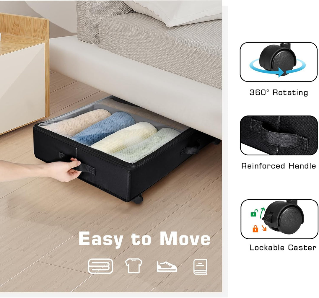 2 Stück Unterbett Aufbewahrung, Unterbettkommode mit Rollen 360° Drehung and Metallrahmen, Faltbare