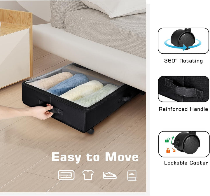 2 Stück Unterbett Aufbewahrung, Unterbettkommode mit Rollen 360° Drehung and Metallrahmen, Faltbare