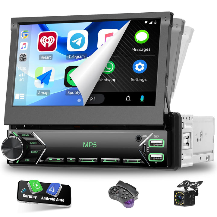 CAMECHO Autoradio 1 Din Wireless Carplay 7 Zoll IPS Touchscreen mit Rückfahrkamera, Bluetooth Radio