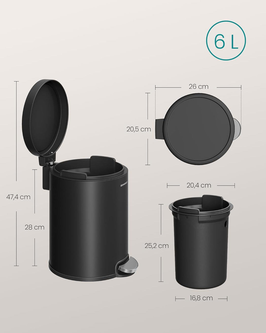 SONGMICS Kosmetikeimer, 6 Liter, Mülleimer Bad, mit Softclose-Deckel, Tretmülleimer, Stahl, für klei