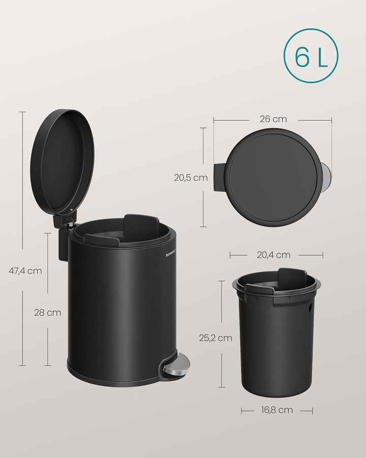 SONGMICS Kosmetikeimer, 6 Liter, Mülleimer Bad, mit Softclose-Deckel, Tretmülleimer, Stahl, für klei