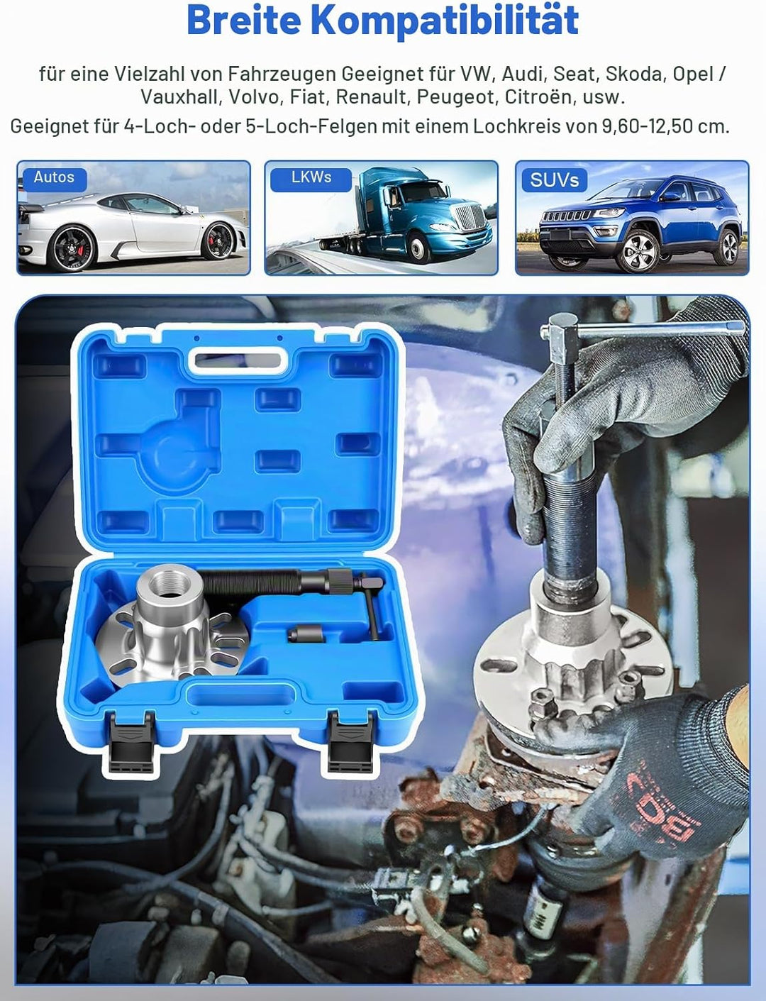 10T Hydraulischer Radnaben Abzieher Profi-Set, Universell für 4/5-Loch Felgen (96-125mm), Antriebswe