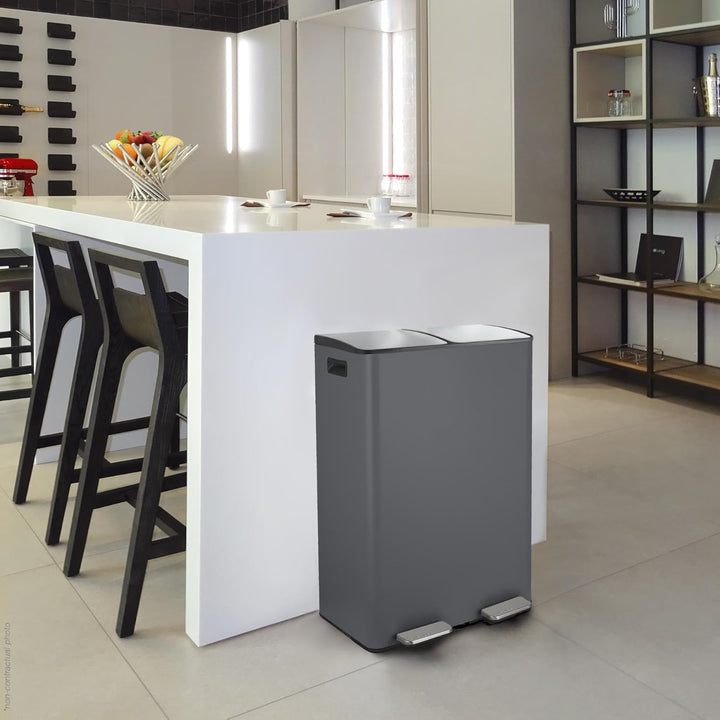 Spirella – 60 l (2 x 30 l) Küchenabfalleimer mit Pedalantrieb – Modell Aliya – Gebürsteter Edelstahl