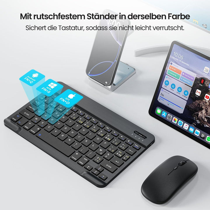 PINKCAT Bluetooth Tastatur Maus Set, Deutsches QWERTZ Layout Slim Wiederaufladbare Tastatur mit inte