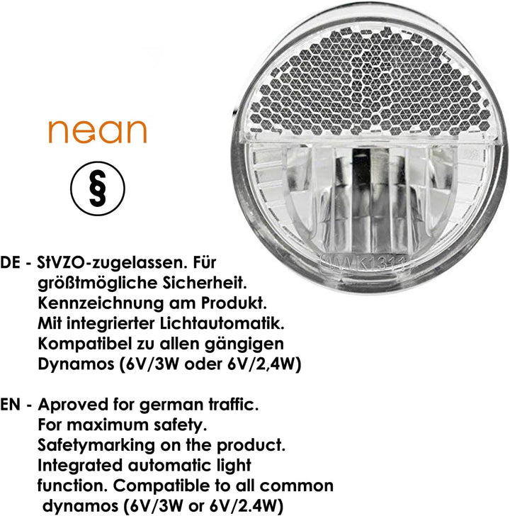nean LED Dynamo Fahrradlicht 30 LUX mit Lichtautomatik, Standlicht und StVZO Zulassung, Fahrradlampe