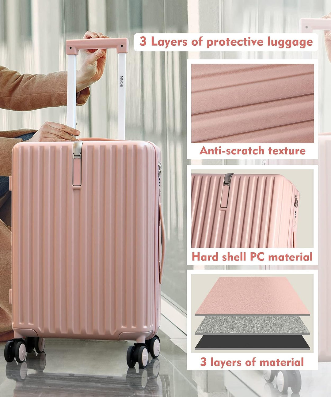 MGOB Koffer Gross Hartschalen Erweiterbar in Polycarbonat Reisekoffer mit 4 Rollen und Haken | 75x50