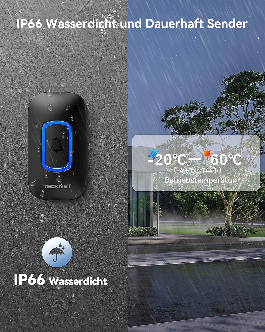 TECKNET Funkklingel, Kabellose Türklingel Batteriebetrieben mit RGB Licht, 60 Melodien, IP66 Wasserd