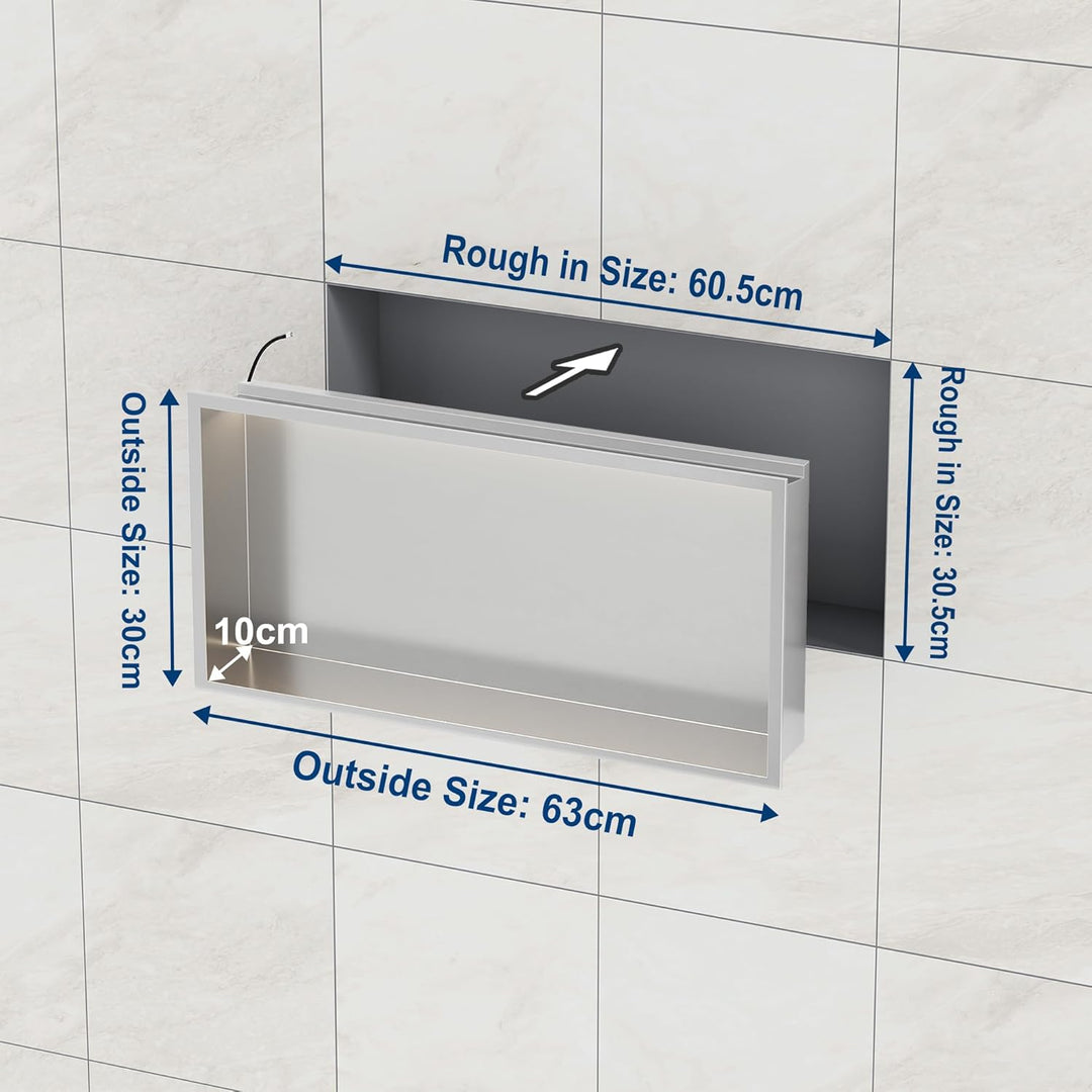 Neohomee Wandnische Dusche Edelstahl mit LED-Licht, Eingebettete Duschnische 60x30cm mit 3 Farben fü