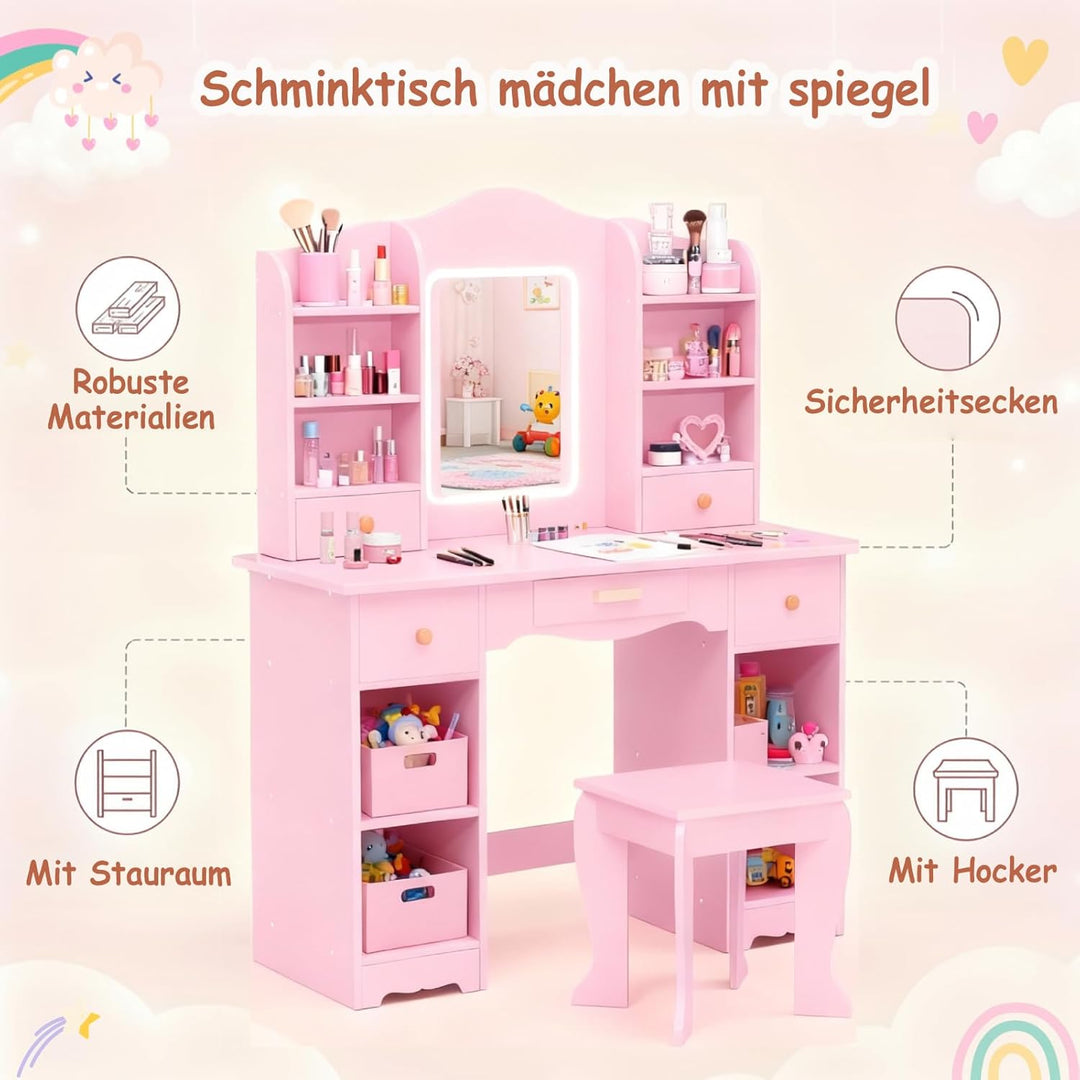 Clevich Schminktisch Kinder Set, Kinderschminktisch mit LED Beleuchtung, 5 Schubladen, 10 Staufächer