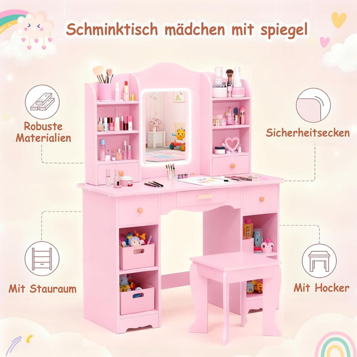Clevich Schminktisch Kinder Set, Kinderschminktisch mit LED Beleuchtung, 5 Schubladen, 10 Staufächer