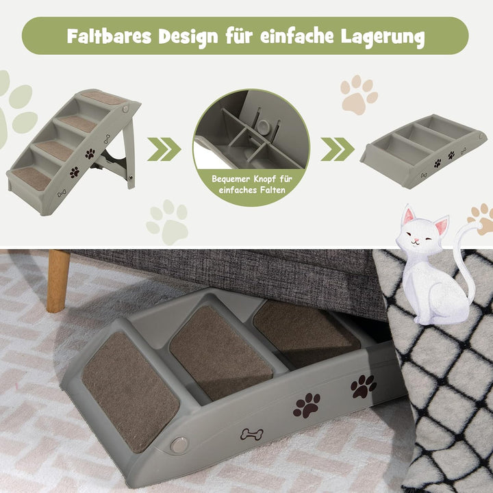 COSTWAY 4-stufige Haustiertreppe mit Teppichboden, Hundetreppe Kunststoff Katzentreppe faltbar, Hund