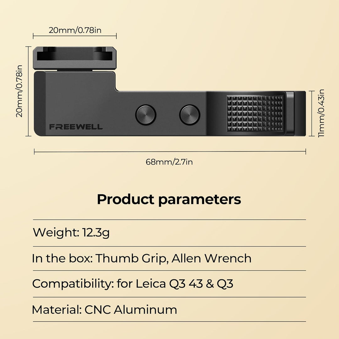 FREEWELL Daumengriff für Leica Q3 &amp; Q3 43 mit Kaltschuhhalterung, CNC Aluminium, Kratzfeste Silikonp