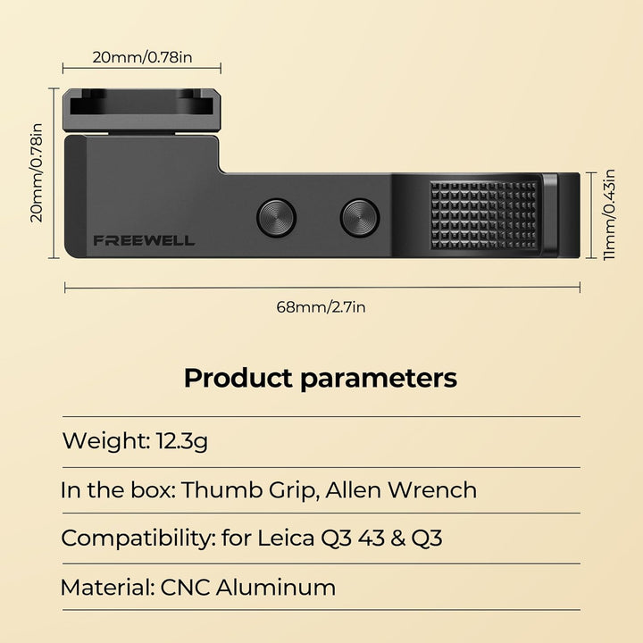 FREEWELL Daumengriff für Leica Q3 &amp; Q3 43 mit Kaltschuhhalterung, CNC Aluminium, Kratzfeste Silikonp