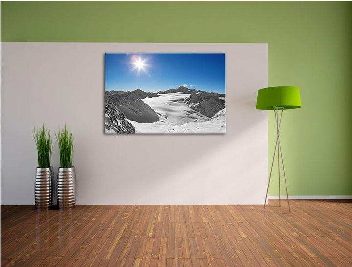 Sonne in den Winterbergen schwarz/weiss Format: 100x70 auf Leinwand, XXL riesige Bilder fertig gerah