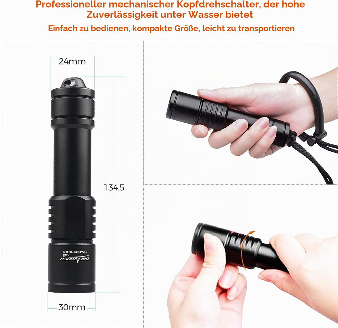 ORCATORCH D520 Tauchlampe 1000 Lumen Tauchen Taschenlampe Mechanische Kopfdrehung EIN/AUS LED Tauche