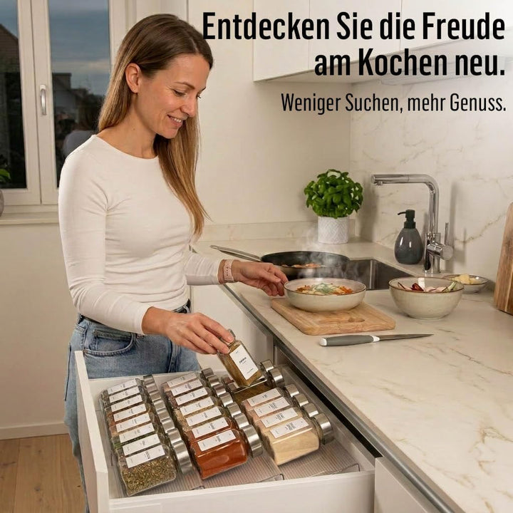Deco haus® Gewürzregal mit Gläsern [MIT 24 GEWÜRZGLÄSER & ETIKETTEN] - Gewürzregal Schublade auszieh