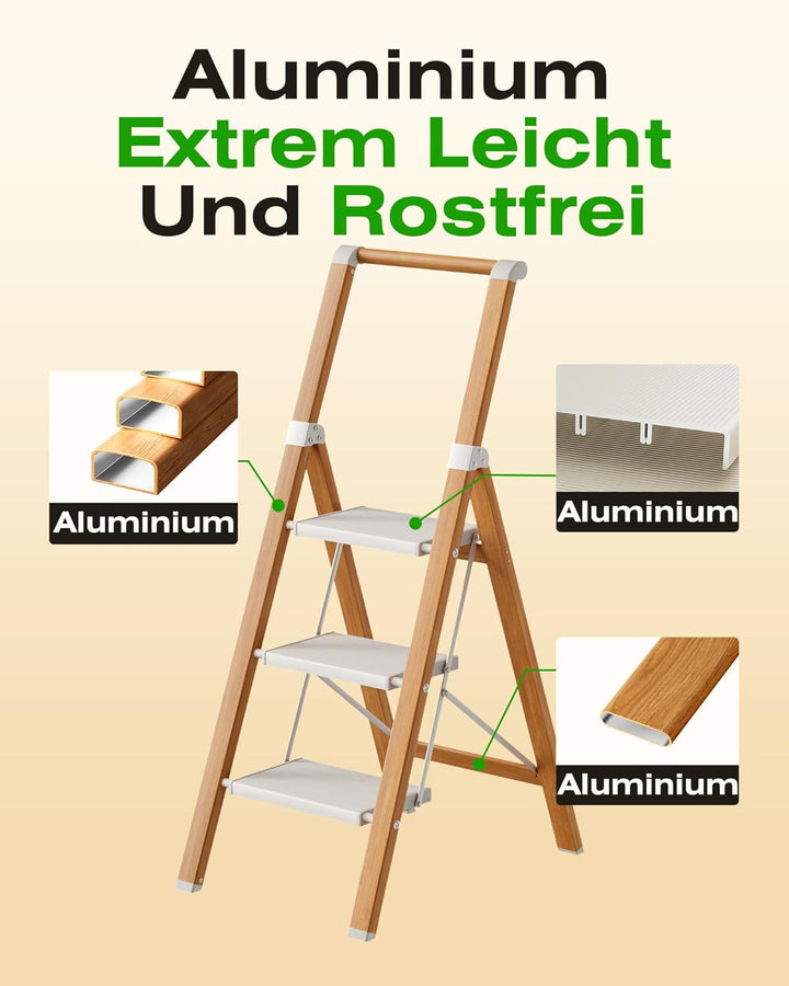 Trittleiter 3 Stufen klappbar,Tritthocker aus Aluminium | Leiter mit Handlauf,150kg Tragfähigkeit,An