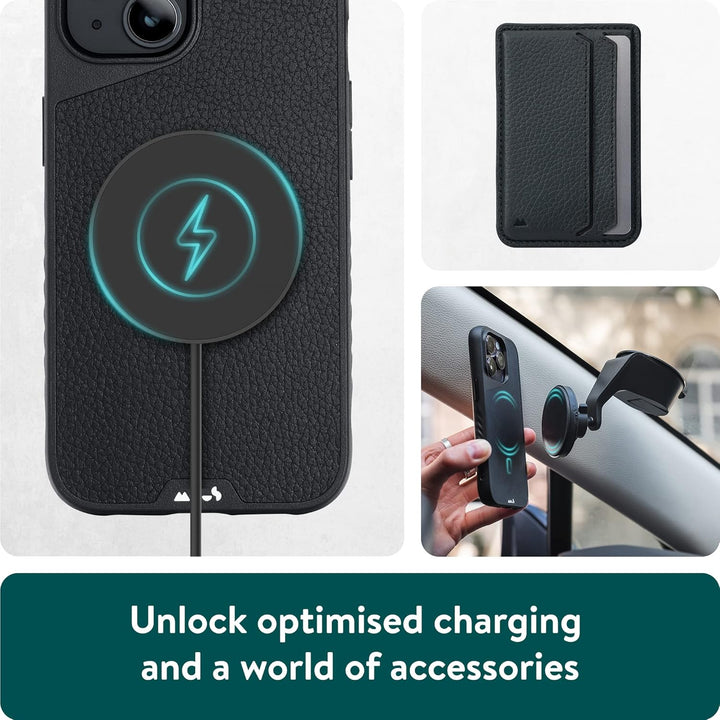 Mous - Hülle für iPhone 14 - Schwarzes Leder - Limitless 5.0 - Handyhülle iPhone 14 MagSafe-Kompatib