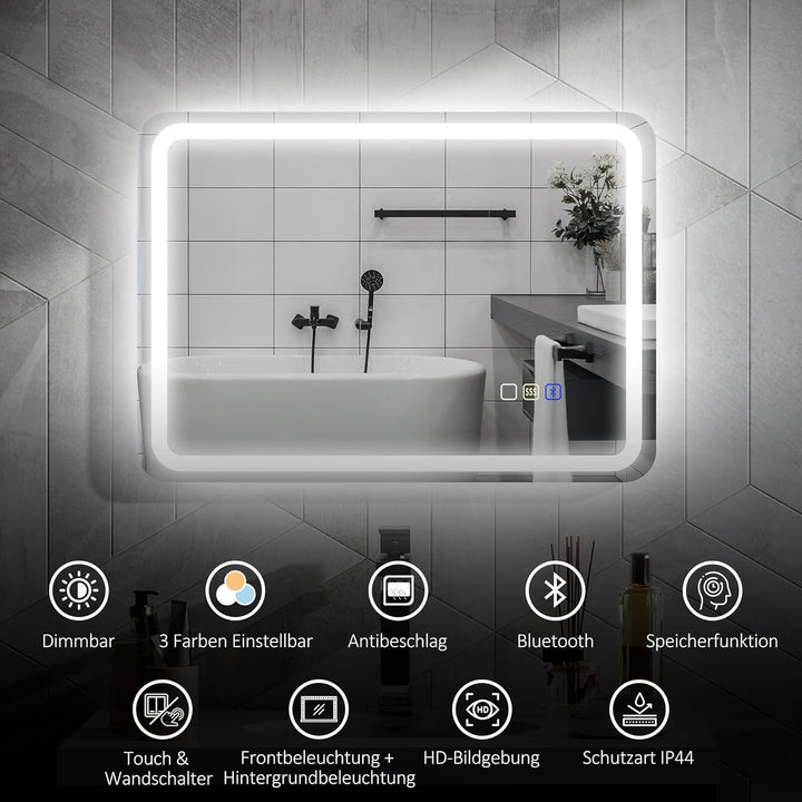 HOMCOM Badspiegel mit Beleuchtung 50x70 cm LED Spiegel Wandspiegel mit Bluetooth-Musikfunktion Touch