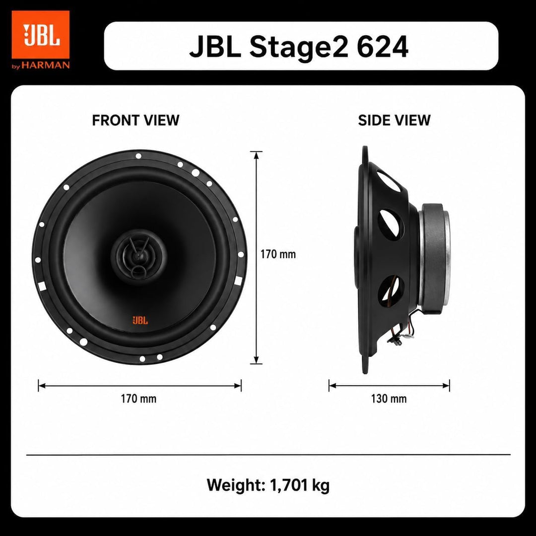JBL Stage2 624 2-Wege Auto Lautsprecher Set von Harman Kardon - 240 Watt KFZ Autolautsprecher Boxen
