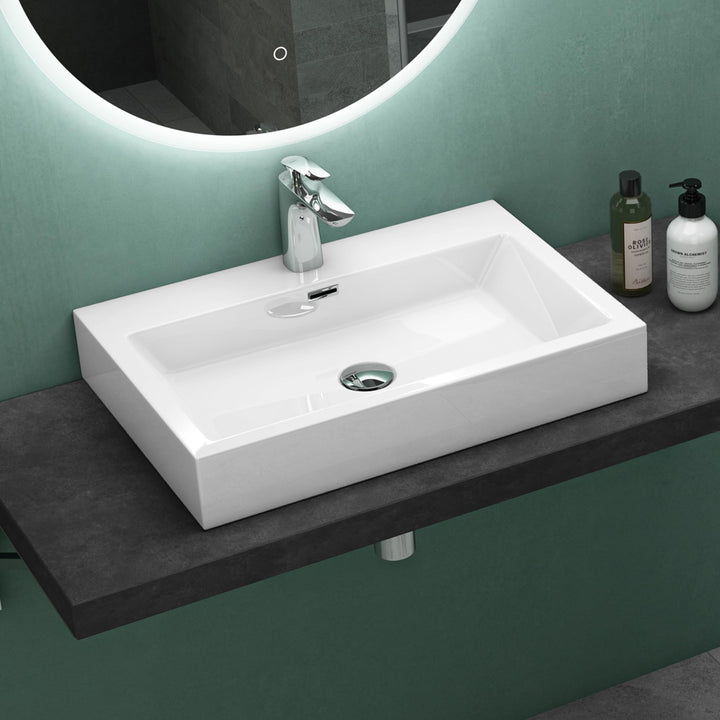 Mai &amp; Mai Breite: 60cm Waschbecken Aufsatz-Waschschale Hänge-Becken Mineralguss in weiss 1 Armaturen