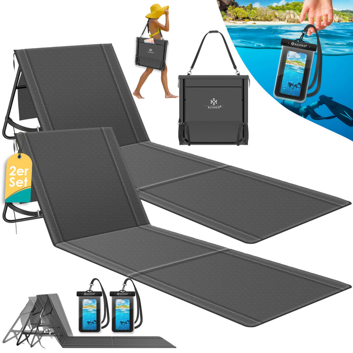 KESSER® 2er Set Strandmatte klappbar mit Verstellbarer Rückenlehne, Tragegurt, wasserdichter Tasche