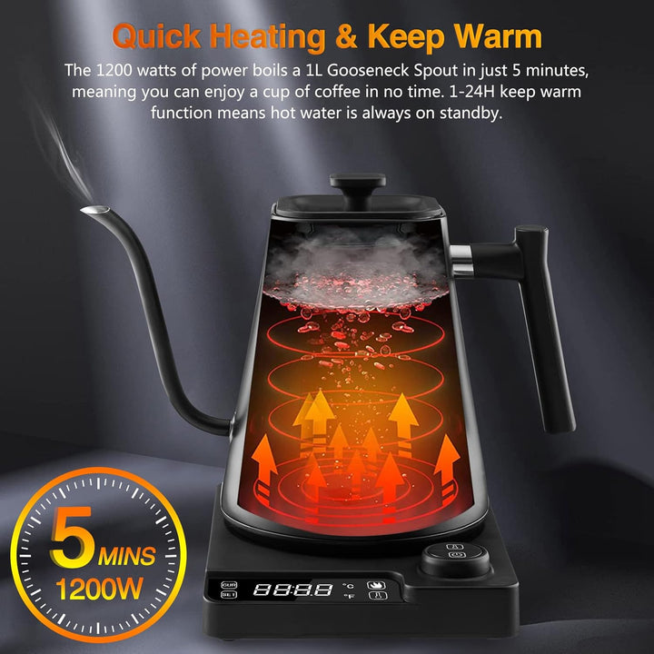 Fityou elektrischer Wasserkocher Schwanenhals,Temperaturregelung, 1200W,1L hohe Kapazität, Schnell k